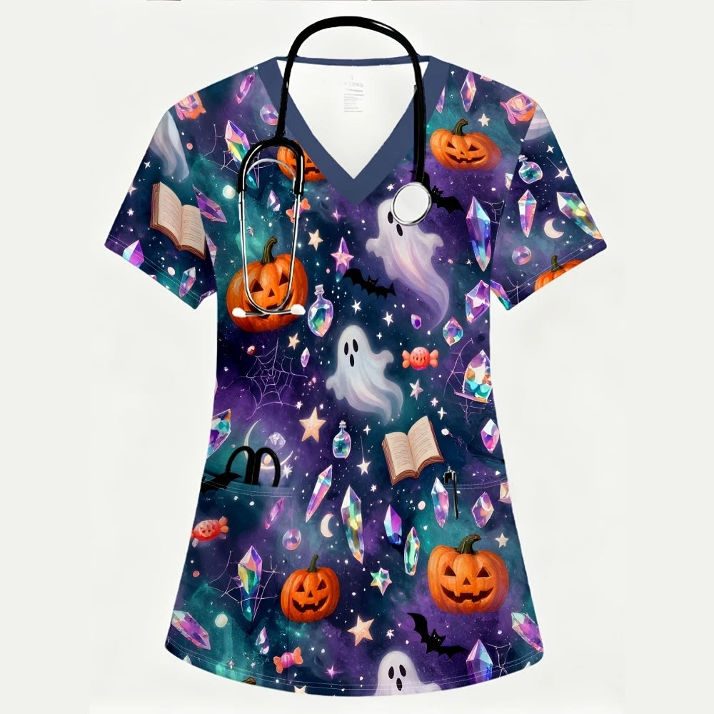 Women's Scrub Top Halloween Pumpkin Black Cat Ghost Print V-Neck Short Sleeve Pockets Medical Uniform Nurse Hospital Workwear