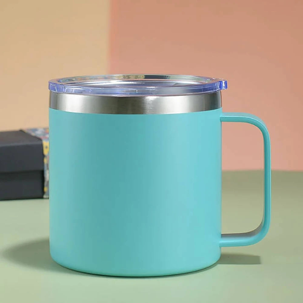 Custom 12oz Coffee Mug With Handle Tumbler Stainless Steel Vacuum Insulated Thermal Beer Cup Travel Thermos with Leakproof Lid