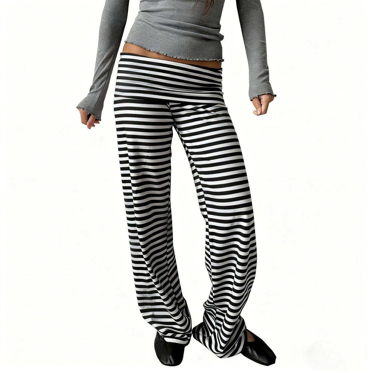 Women Summer y2k Vintage Striped Print Wide Leg Yoga Pants Fold Over Low Waist Casual Slim Loungewear Pants Trousers Streetwear