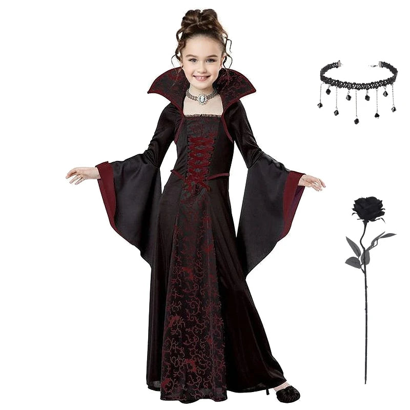 Halloween Costume Girl Fancy Skeleton Rose Print Dress Halloween Ghost Bride Vampire Cosplay Dress Kids Carnival Party Clothes