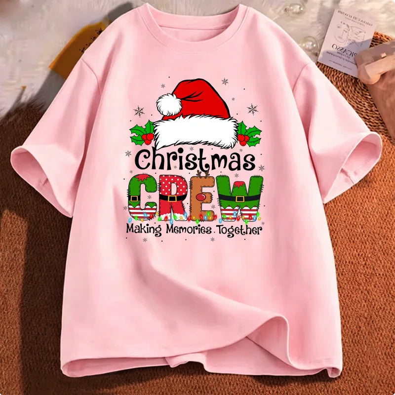 Christmas Crew Santa Hat Holly Snowflake Quote Art Print Graphic Womens T Shirt Short Sleeve Crew Neck Casual Ladies Tee Tops