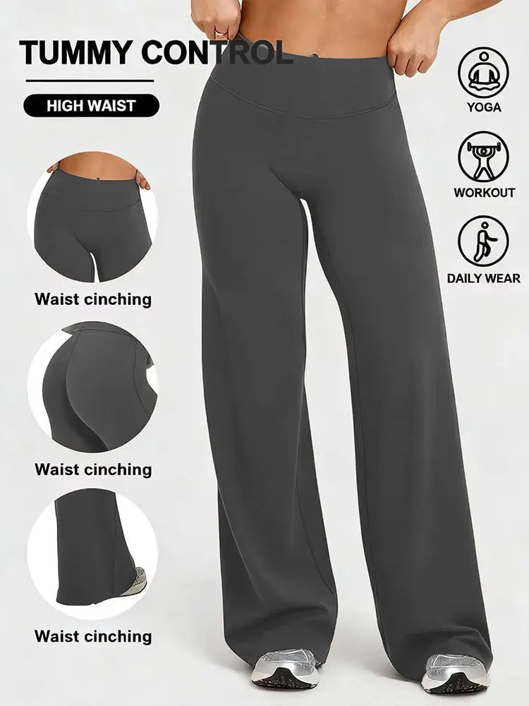 Womens High Waisted Straight Leg Yoga Pants with Tummy Control Pants Wide Leg Hem Summer Lightweight Breathable Workout Leggings