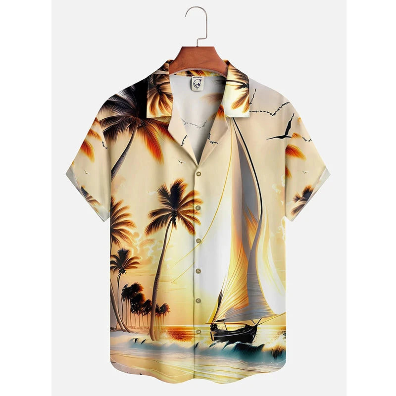 Men's Hawaii Summer Dusk Pattern Casual Shirt 3D Beach Funny Short Sleeve Womens Clothes Blouse New Hot Sale Floral y2k Tops 4XL