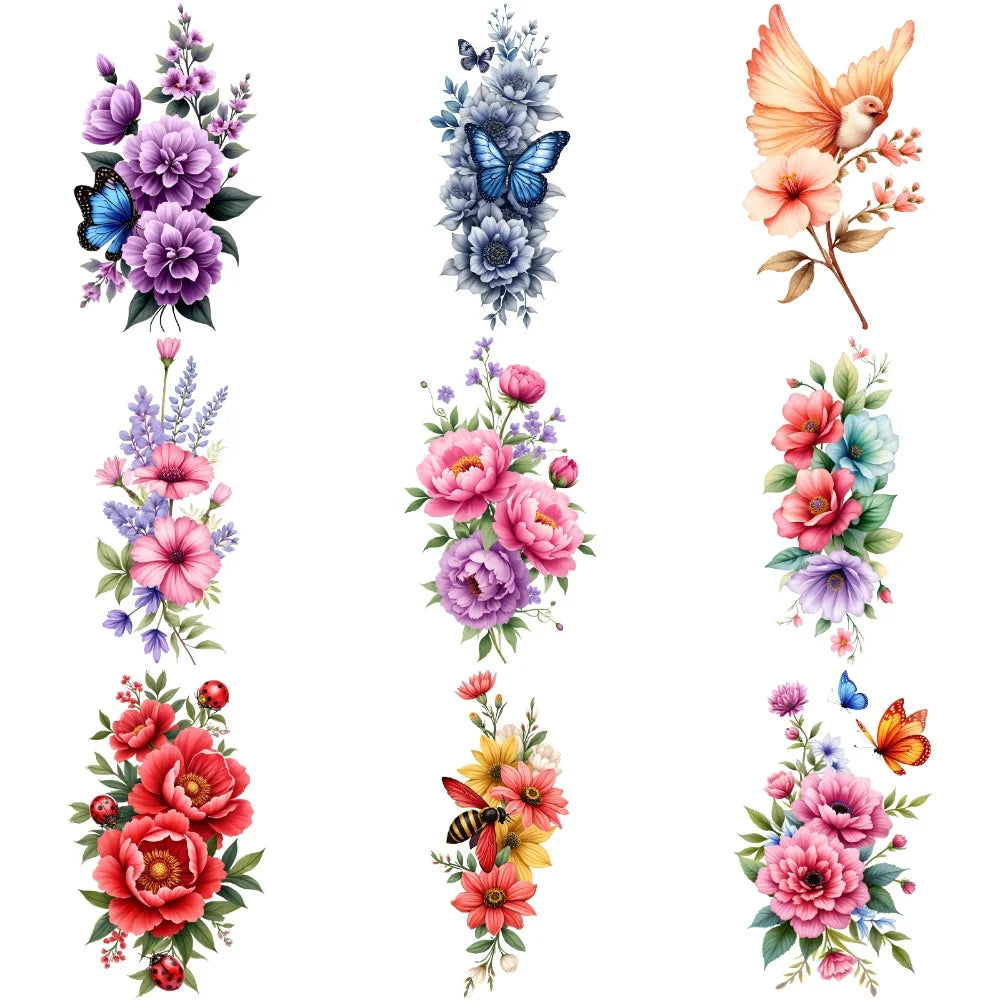 9pcs Colorful Flower Temporary Tattoos Stickers 3D Disposable Body Arm Tatoo Sticker Men Women Waterproof Fake Tatoos