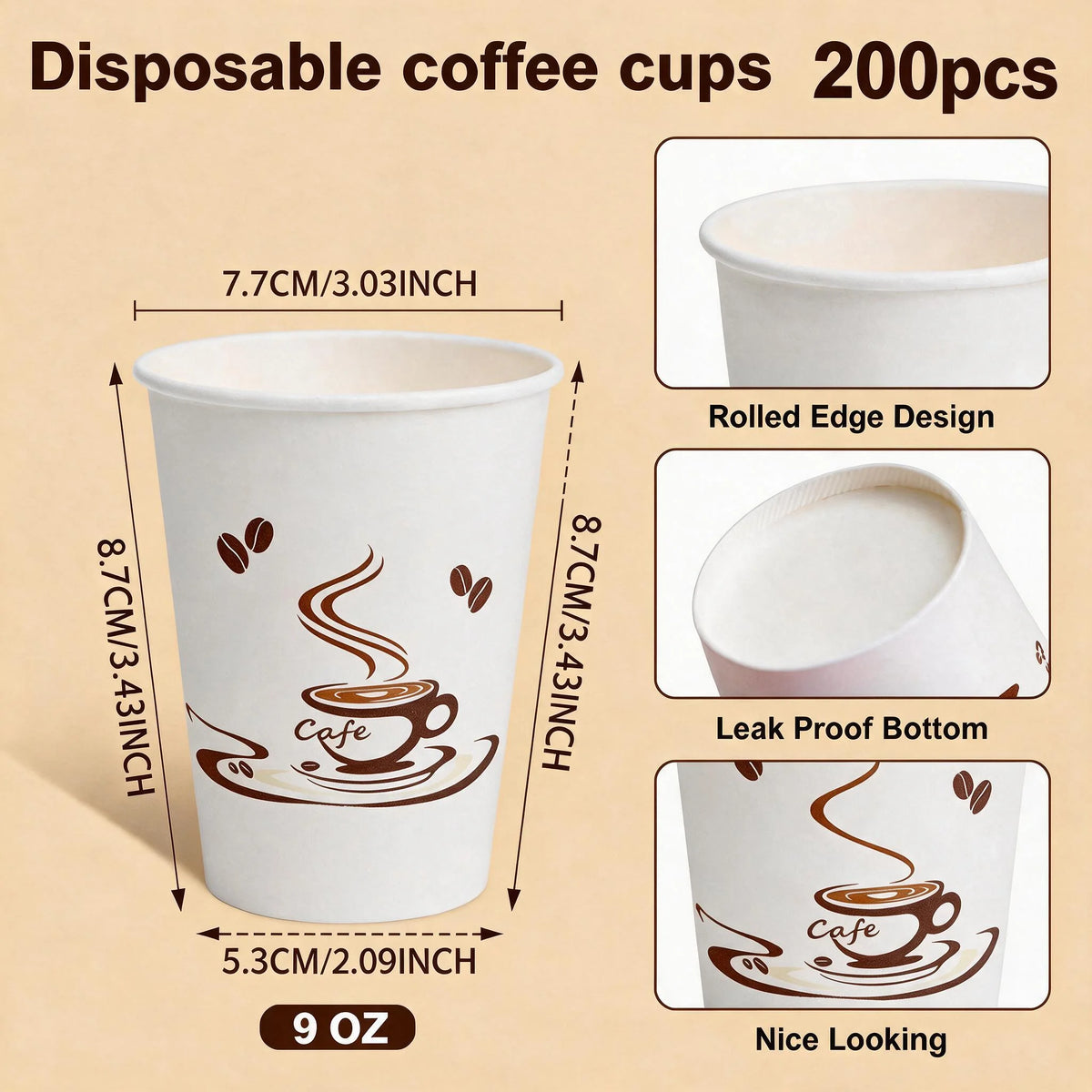 50/100/200PCS 9 oz Disposable Paper Cups for Hot & Cold Drinks – Leak-Proof Coffee Cups, Durable & Eco-Friendly, Ideal for Cafés, Restaurants, Offices, Home Use, Parties, and Everyday Beverage Serving