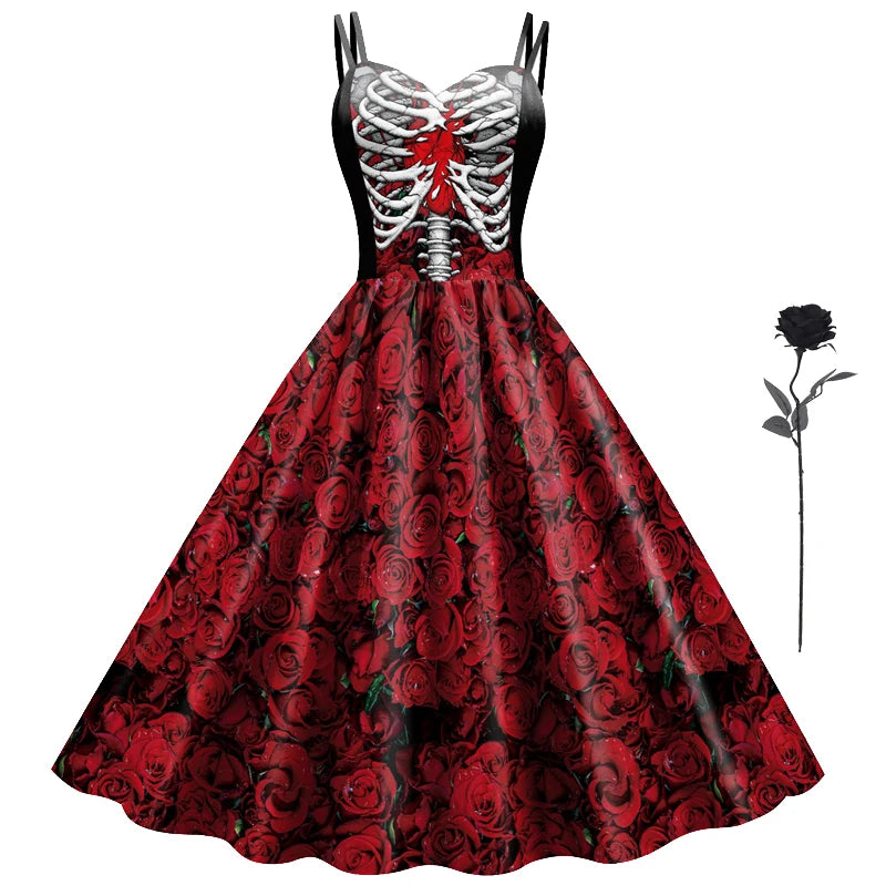 Halloween Costume Girl Fancy Skeleton Rose Print Dress Halloween Ghost Bride Vampire Cosplay Dress Kids Carnival Party Clothes