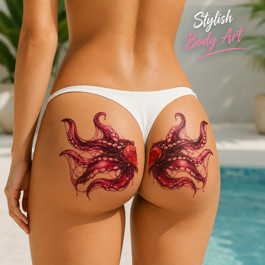 Newest Sexy Octopus Temporary Tattoo Sticker for Women, Purple Tentacle Body Art, Hip Butt Fake Tattoos, Waterproof Easy Apply