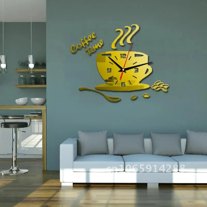 3D Acrylic DIY Wall Clock Mirror Wall Clocks Simple Home Digital Wall Sticker Decoration Mute Coffee Cup Wall Quartz Clock