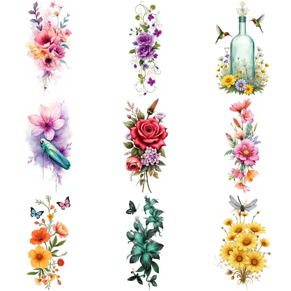 9pcs Colorful Flower Temporary Tattoos Stickers 3D Disposable Body Arm Tatoo Sticker Men Women Waterproof Fake Tatoos