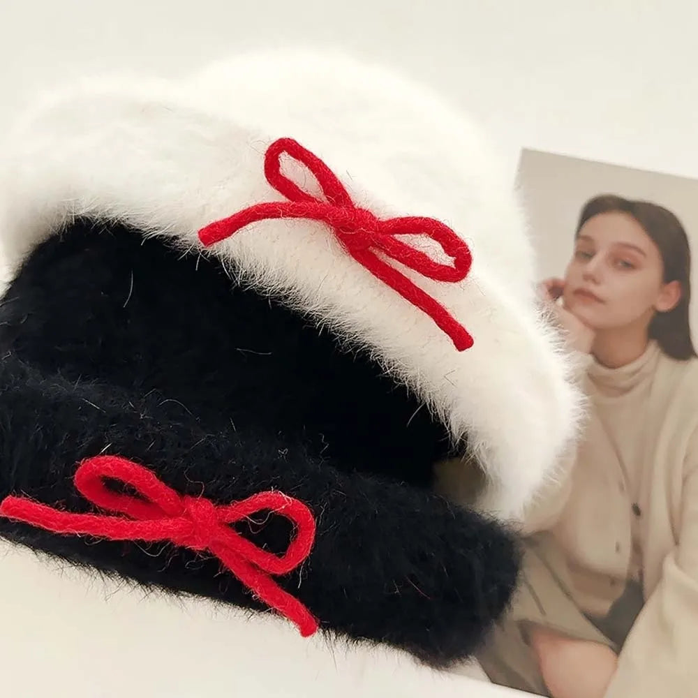 Top Hat Vintage Looking Black Bowler Hats Beret Japanese Style Woolen Bucket Cap Bow Versatile White Dome Hat Winter