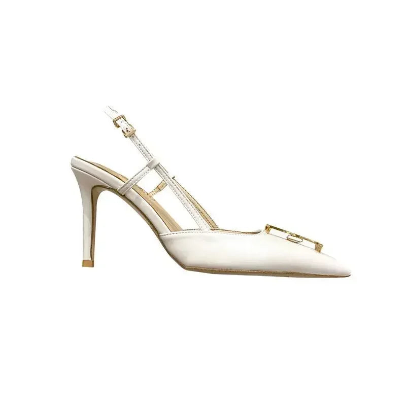 White Elegant Women's Stilettos Summer Fashion Sandals with Metal Buckle Baotou Pointed Back Design 2025 New Ladies' Shoes