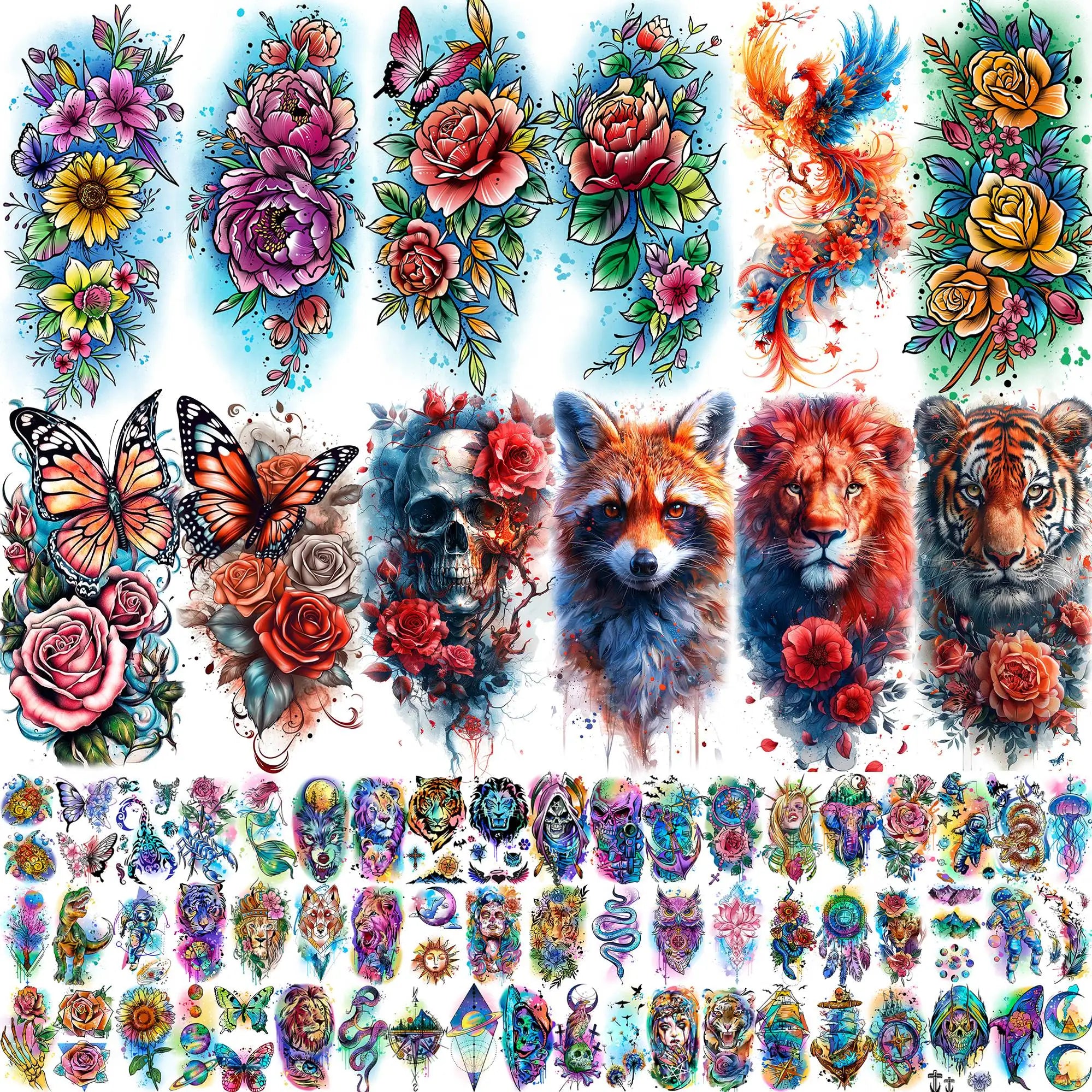 70 Sheets Watercolor Peony Rose Flowers Temporary Tattoos For Women Butterfly Animals Tatoos Realistic Fake Arm Tattoo Stickers