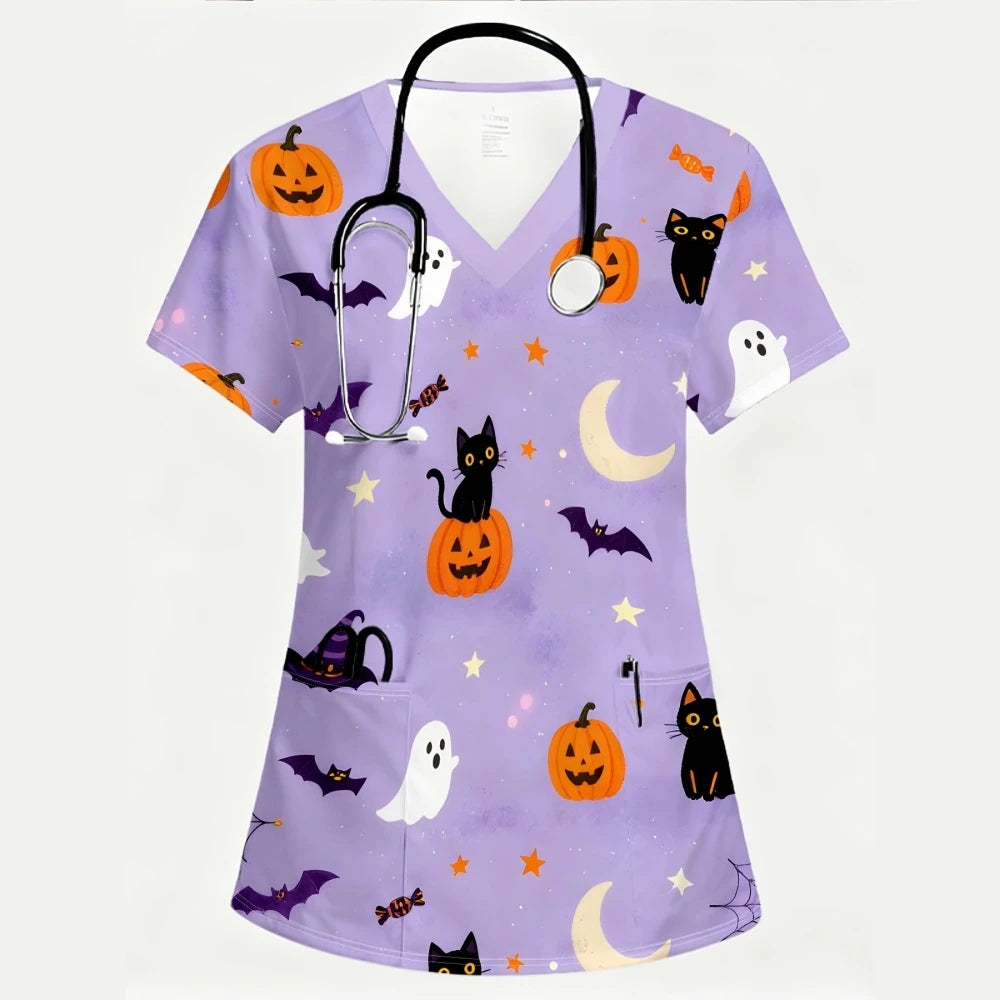 Women's Scrub Top Halloween Pumpkin Black Cat Ghost Print V-Neck Short Sleeve Pockets Medical Uniform Nurse Hospital Workwear