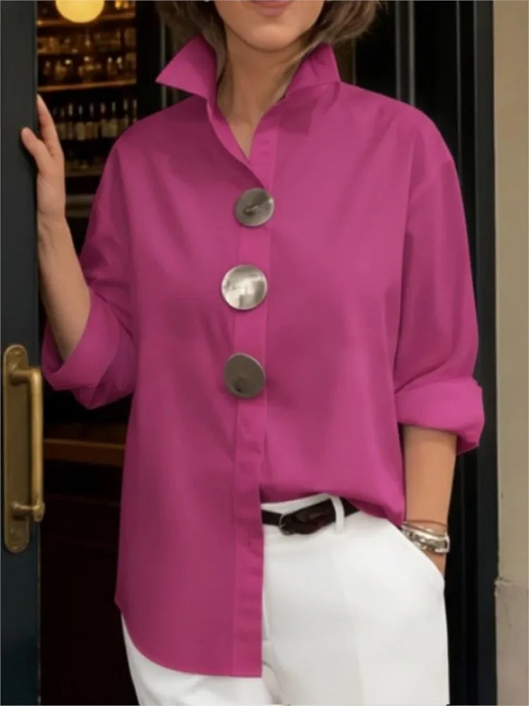 Women Casual Solid Loose Shirt Tops Spring Summer Fashion Lapel Shirt Long Sleeve Blouse Metal Button Top Office Ladies Blouses