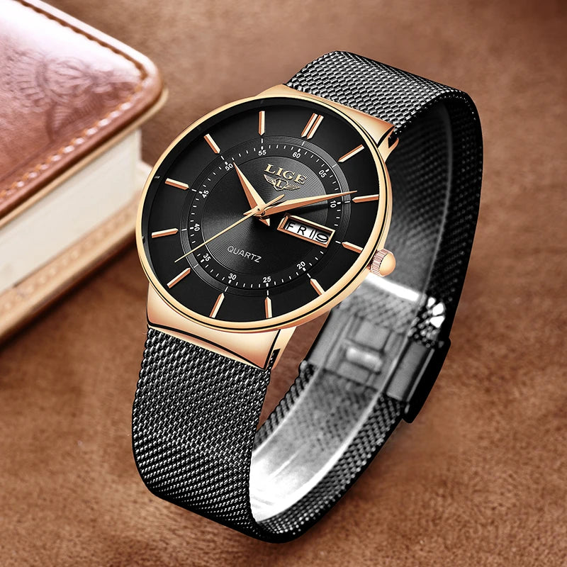 LIGE 2024 Luxury Men Watches Waterproof Ultra Thin Date Clock Male Steel Strap Casual Quartz Watch Men Sports Wrist Watch Man