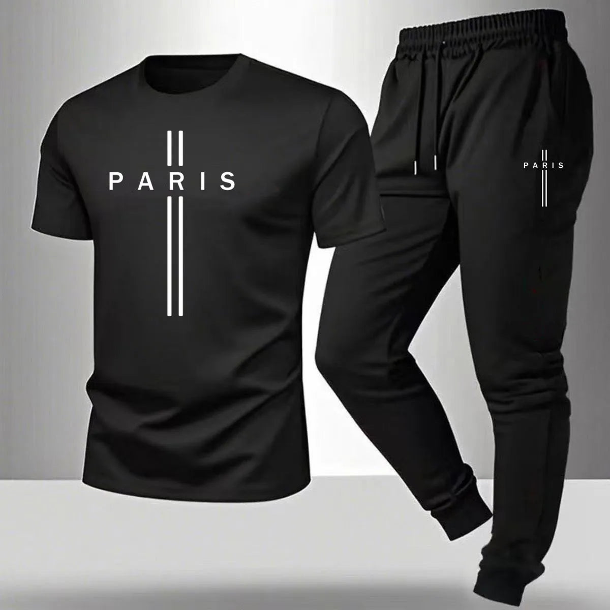 New men's summer casual pantsshort sleeved T-shirt set Paris printed two-piece set men's sportswear set men's clothing clearance