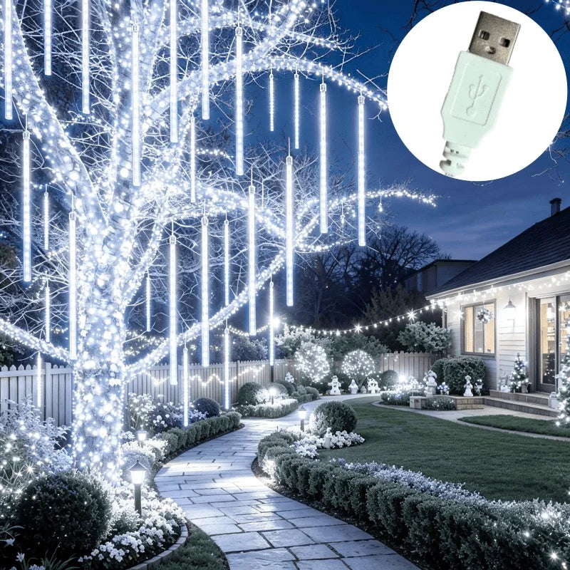 USB Meteor Shower LED String Lights 30CM/50CM 8Tube Holiday Patio Waterproof Fairy Garden Decor Outdoor Street Garland Christmas