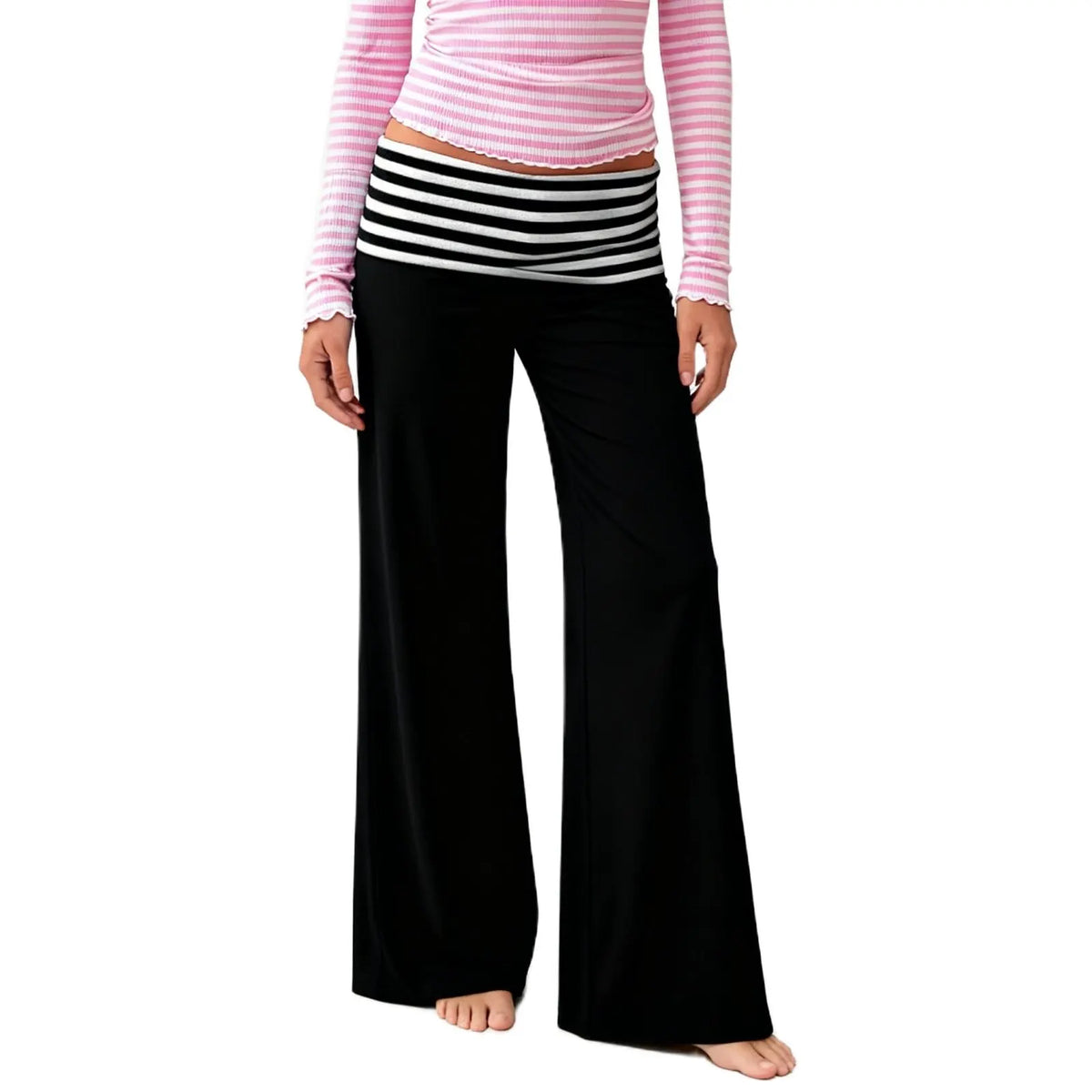 Women Summer y2k Vintage Striped Print Wide Leg Yoga Pants Fold Over Low Waist Casual Slim Loungewear Pants Trousers Streetwear