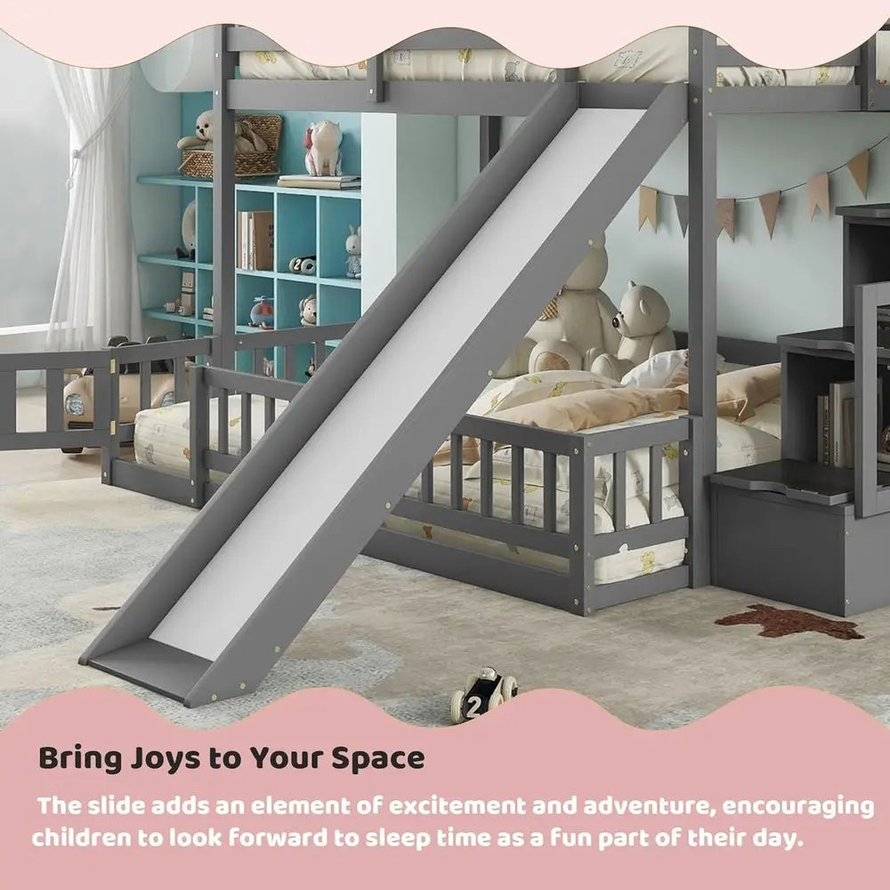 Gray Twin Over Full Bunk Bed with Slide, Stairs, and Storage for Kids