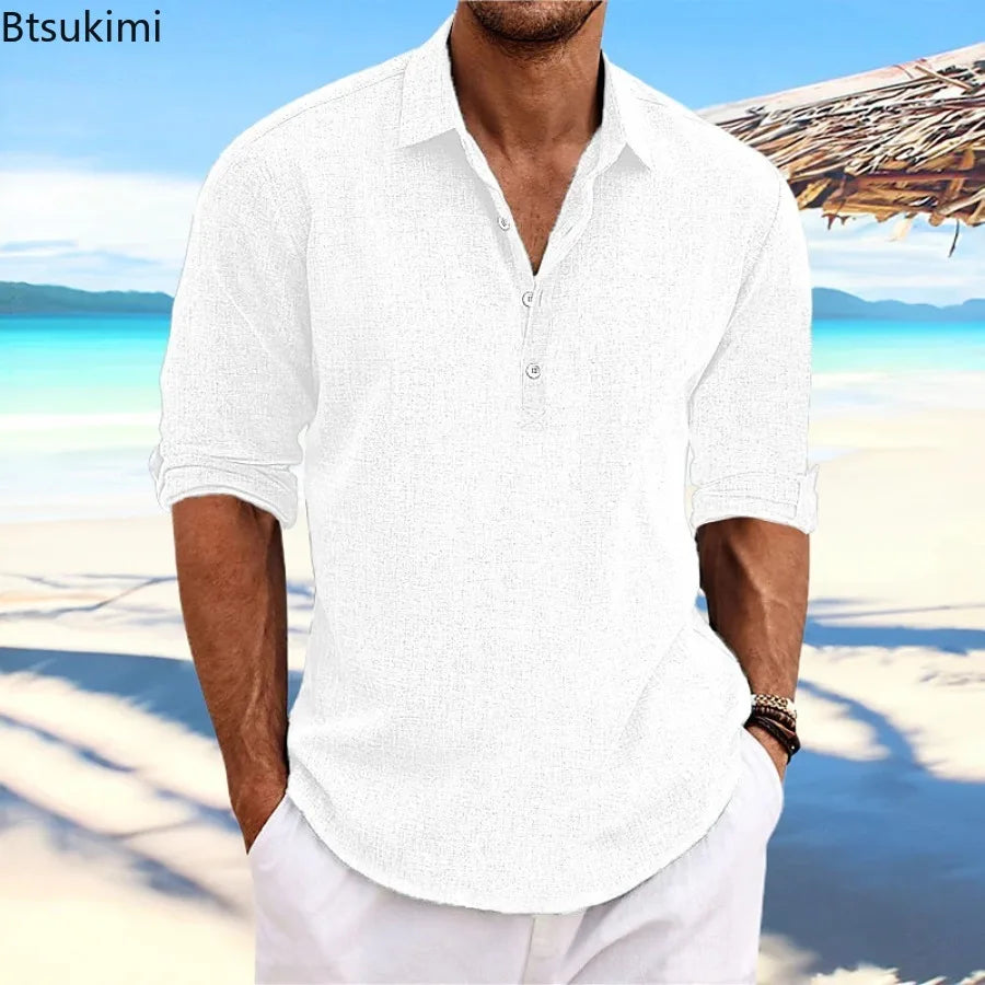 2026 Summer High Quality Men's Casual Cotton Linen Long Sleeve Shirt Solid Color Lapel Button Loose Tops Business Casual Blouse