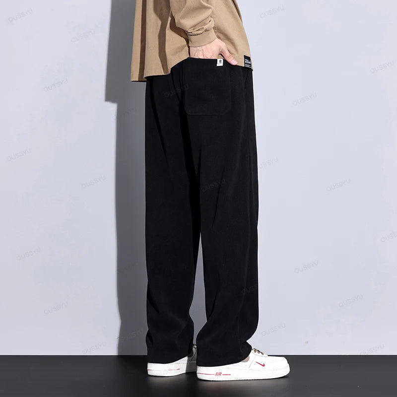 2024 New Autumn Winter Corduroy Pants Men Elastic Waist Business Straight Thick Outdoors Drawstring Jogging Casual Trousers Male