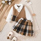 3Pcs Children Girl Set Splicing Fake Two piece Top+Checkered Skirt+Mini Bag Set Suitable Girls 4-7 Year Autumn College Style Set