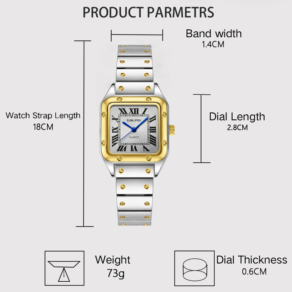 SUNLIFEX New Fashion Square Watch Women Quartz Wristwatch Stainless Steel Strip Female Roman Scale Watches Clock Gift Relogio