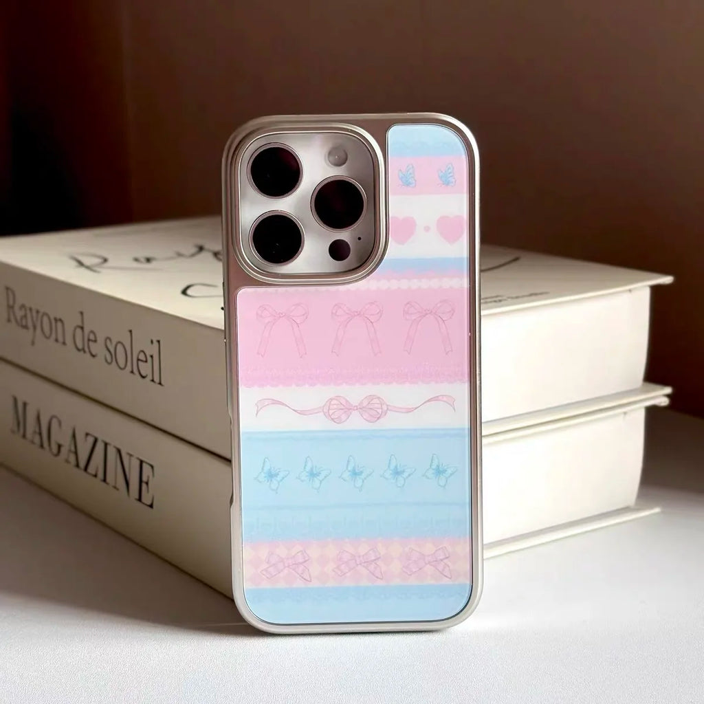 INS KOREAN Pink Forest Morning Post Bow Silver Frame Phone Case for IPhone 16 PLUS 15 14 13 12 11 Pro Max Back Cover Capa