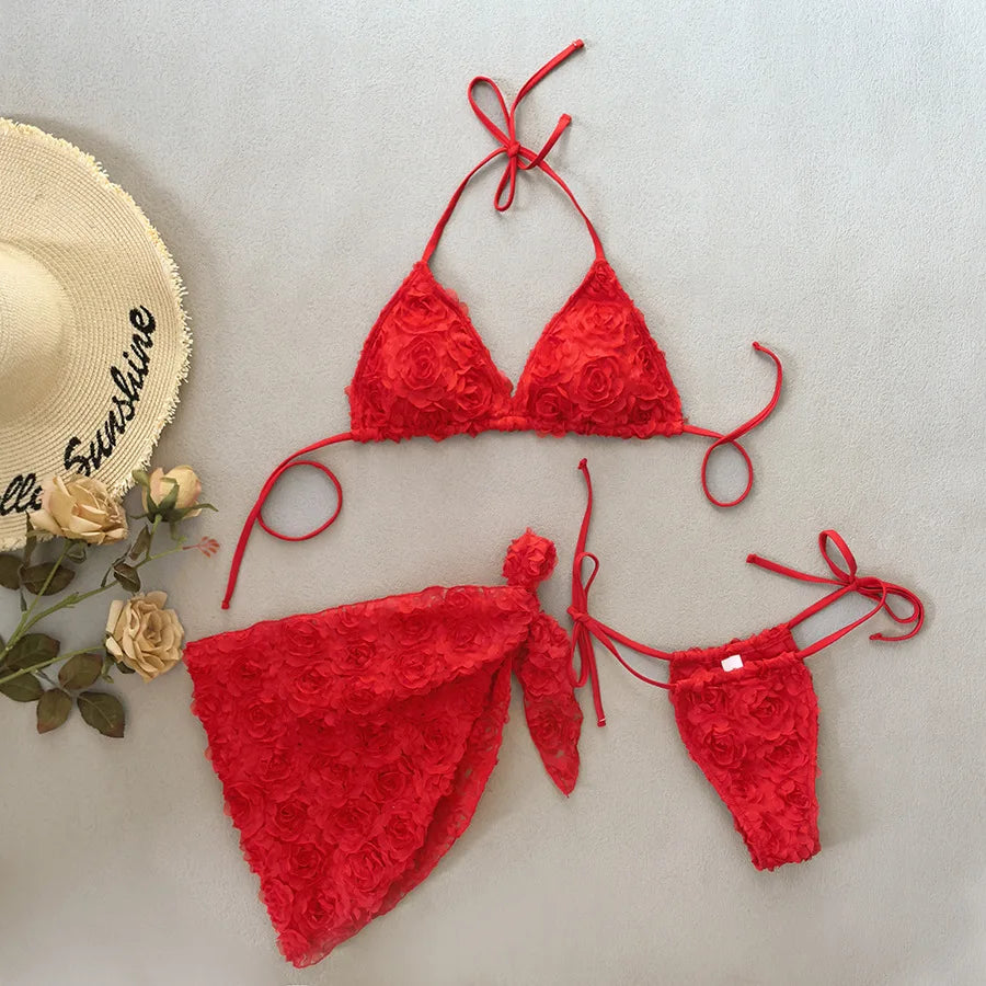 Women's Sexy 3 Piece Bikini Set 3D Flower Beach Skirt Swimsuit Pure Pink Triangle Halter Backless Thong Swimwear 2025 Summer New