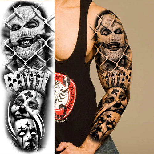 1 Sheet Full Arm Leg Robber Joker Gangster Temporary Tattoos Long Large Bad Guy Nun Fake Tattoo Sleeve Waterproof  Tatoo Sticker
