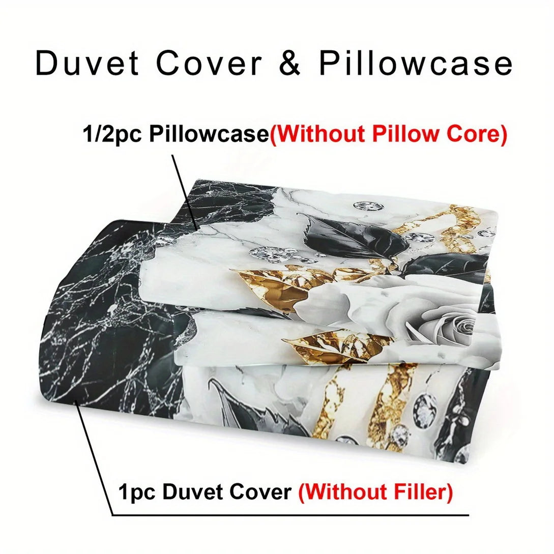 White Rose Black Marble Bedding Set Luxury 3D Print Duvet Cover Pillowcase Anti-Slip Durable For Bedroom Decor