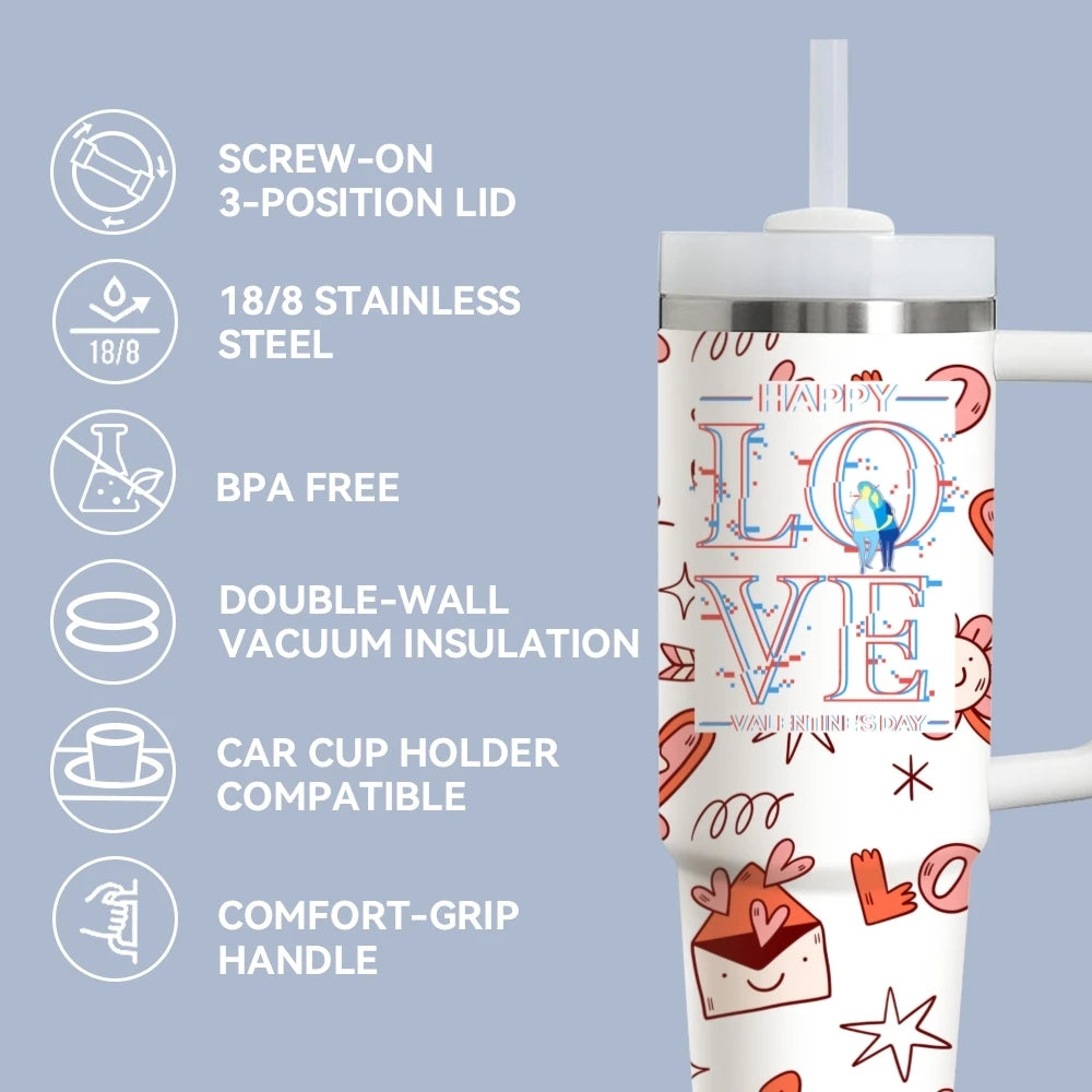 Happy Love Valentine's Day Vacuum Flasks 40oz Stainless Steel Vacuum Insulated Tumbler with Straw Leak Resistant Travel Mug