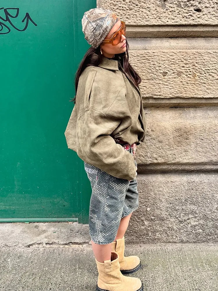 Vintage Brown Women's Suede Jacket Women Zipper Long Sleeve Pocket Loose Short Bomber Coat 2025 Spring Lady High Street Outwear
