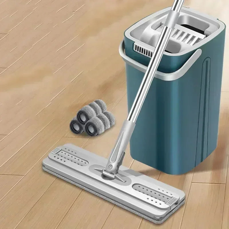 Self-washing Flat Floor Mop and Bucket Set Kitchen Household Cleaning Tool Microfiber Wiper Magic Extendable Wet Dry Daily Use