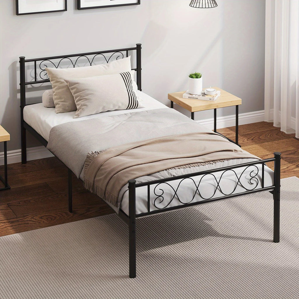 Twin-Sized Metal Bed Frame with a Headboard And Footboard Showcasing an Iron Heart Motif, Designed As a Platform Bed That Doesn