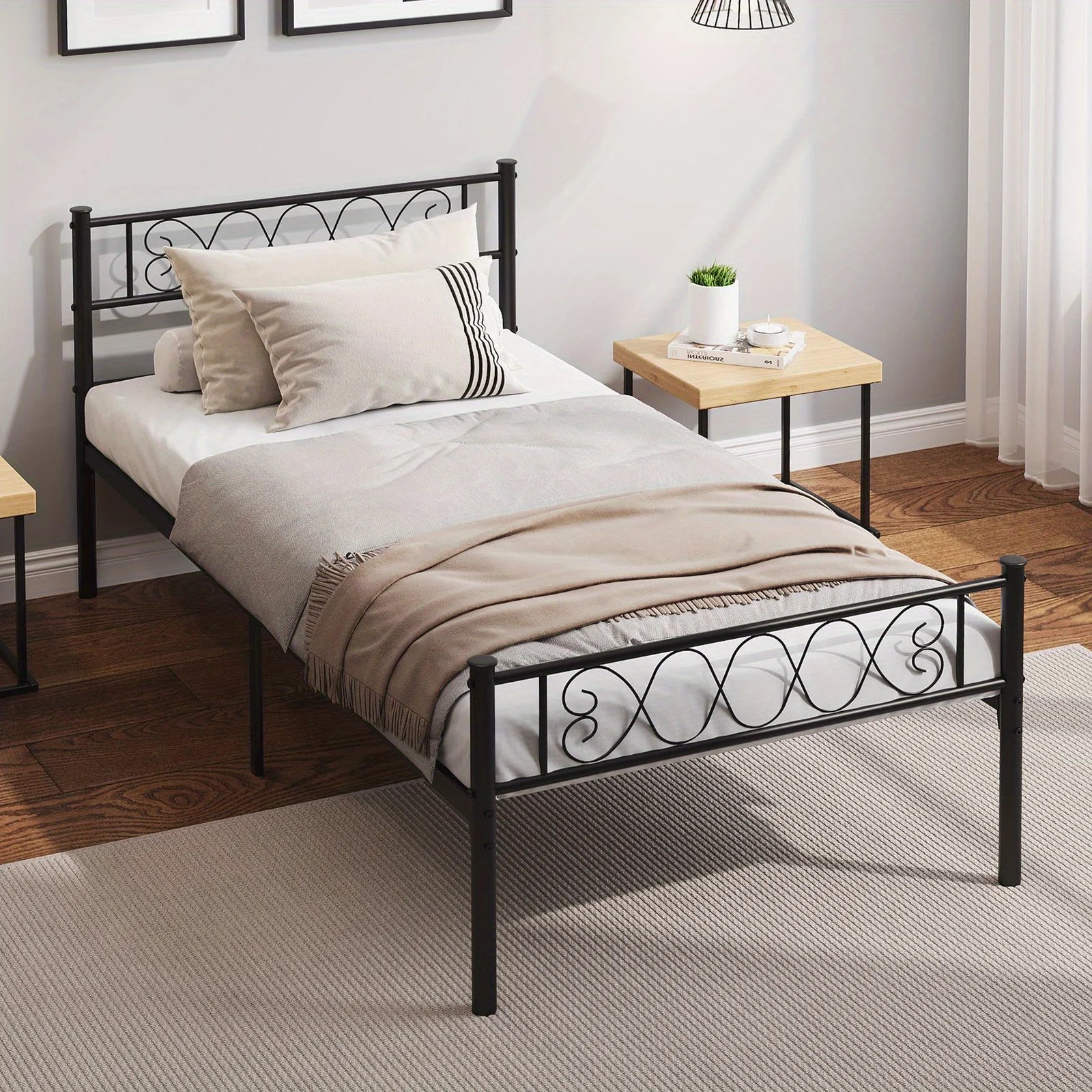 Twin-Sized Metal Bed Frame with a Headboard And Footboard Showcasing an Iron Heart Motif, Designed As a Platform Bed That Doesn