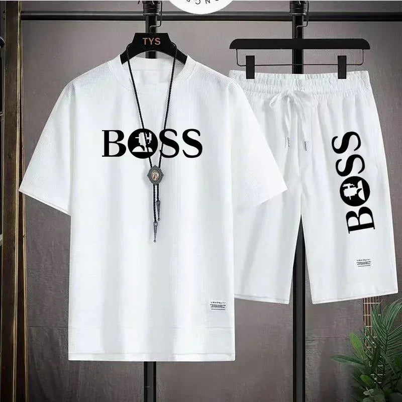 Summer 2025 new men's breathable short-sleeved T-shirt + quick-drying shorts two-piece set, outdoor fashionable men's sportswear
