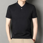 2026 Korean Style Men's Casual and Fashionable One Button V-neck Solid Color Short Sleeved T-shirt Summer Versatile Top