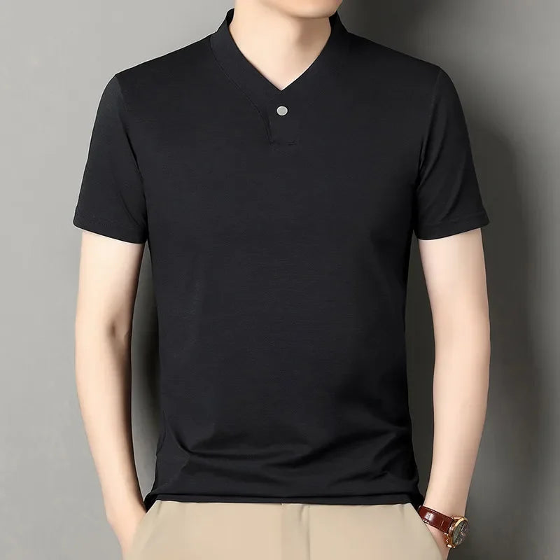 2026 Korean Style Men's Casual and Fashionable One Button V-neck Solid Color Short Sleeved T-shirt Summer Versatile Top