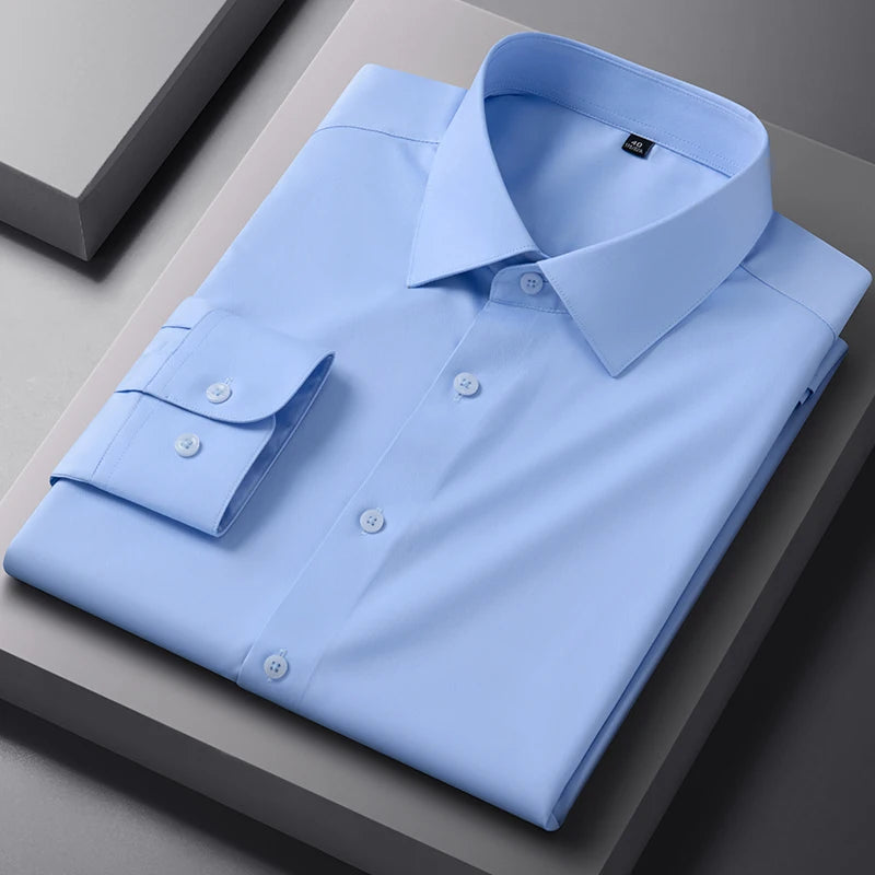 Spring Autumn Men Long Sleeve Shirts Business Casual Wrinkle Resistant Solid Color Formal Dress Slim Fit Work Social Shirt S-8XL