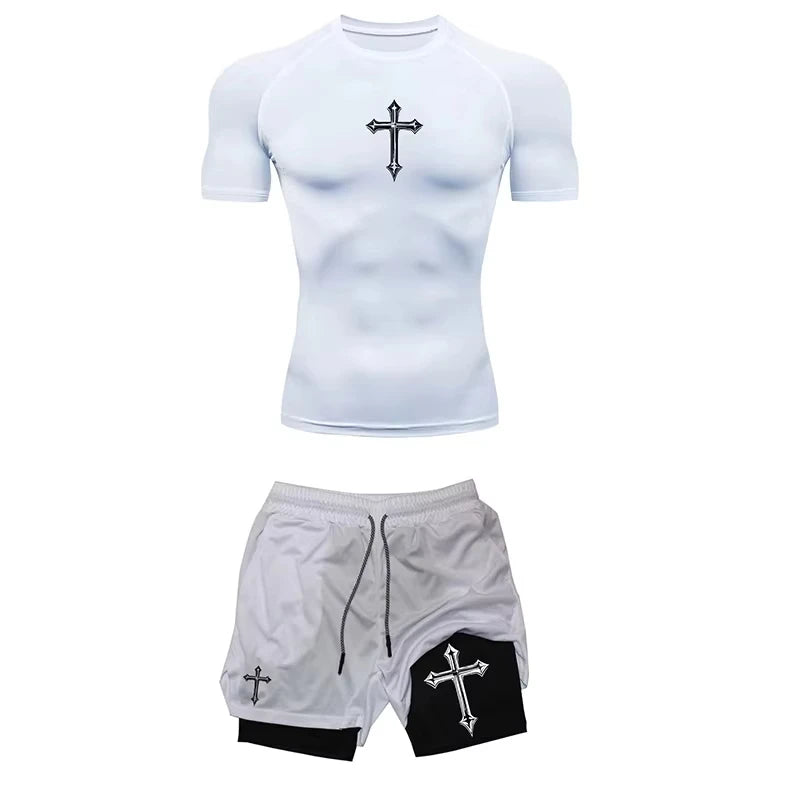 Men's Summer 2-Piece Jogging Set Compression Tight T-Shirt & Fitness Shorts Breathable Gym Workout Tracksuit ZY00190