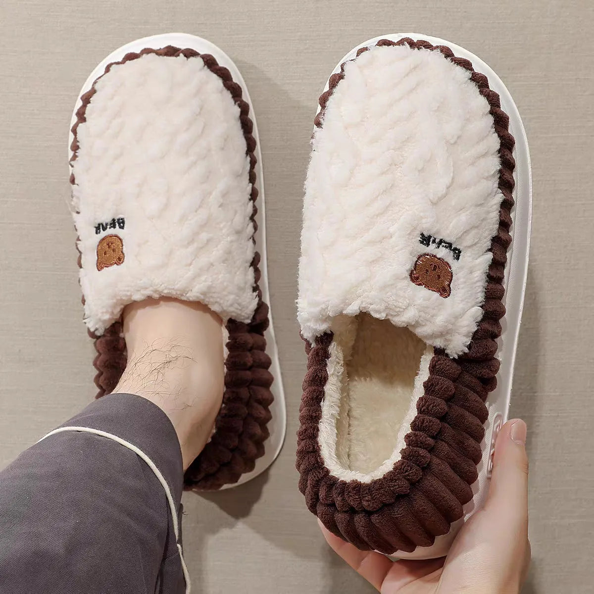 Big Size 48 49 Men Home Slippers Winter Warm Plush Slides Couples Indoor Flats Anti-slip Bedroom Shoes Women Autumn Furry Slides