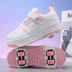 Kids Roller Skate Shoes 4 Wheels Hook Loop Strap Deformation Sneakers Breathable Outdoor Skating Shoes Boys Girls Size 29-40