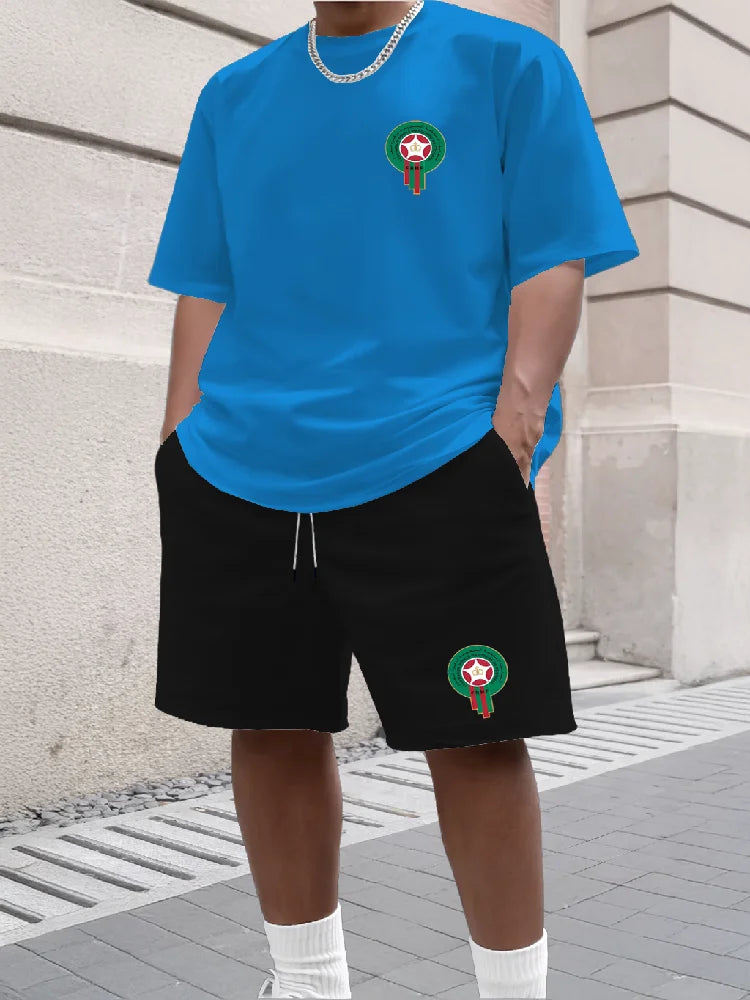 Youth Men's Fashionable Casual Sports Two-Piece Set Print Summer Short-Sleeved T-Shirt And Shorts Ensemble