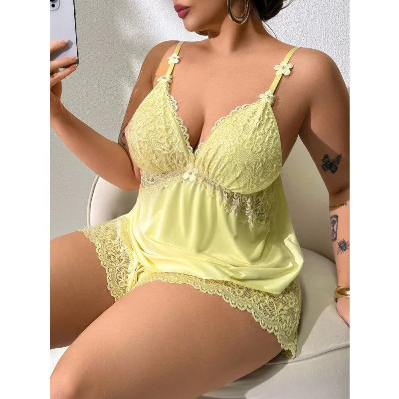 Plus Size Lace Trim Satin Sleepwear Set Deep V Neck Strap Design Home Comfortable Cool Sensual Underwear Ensemble for plus Size