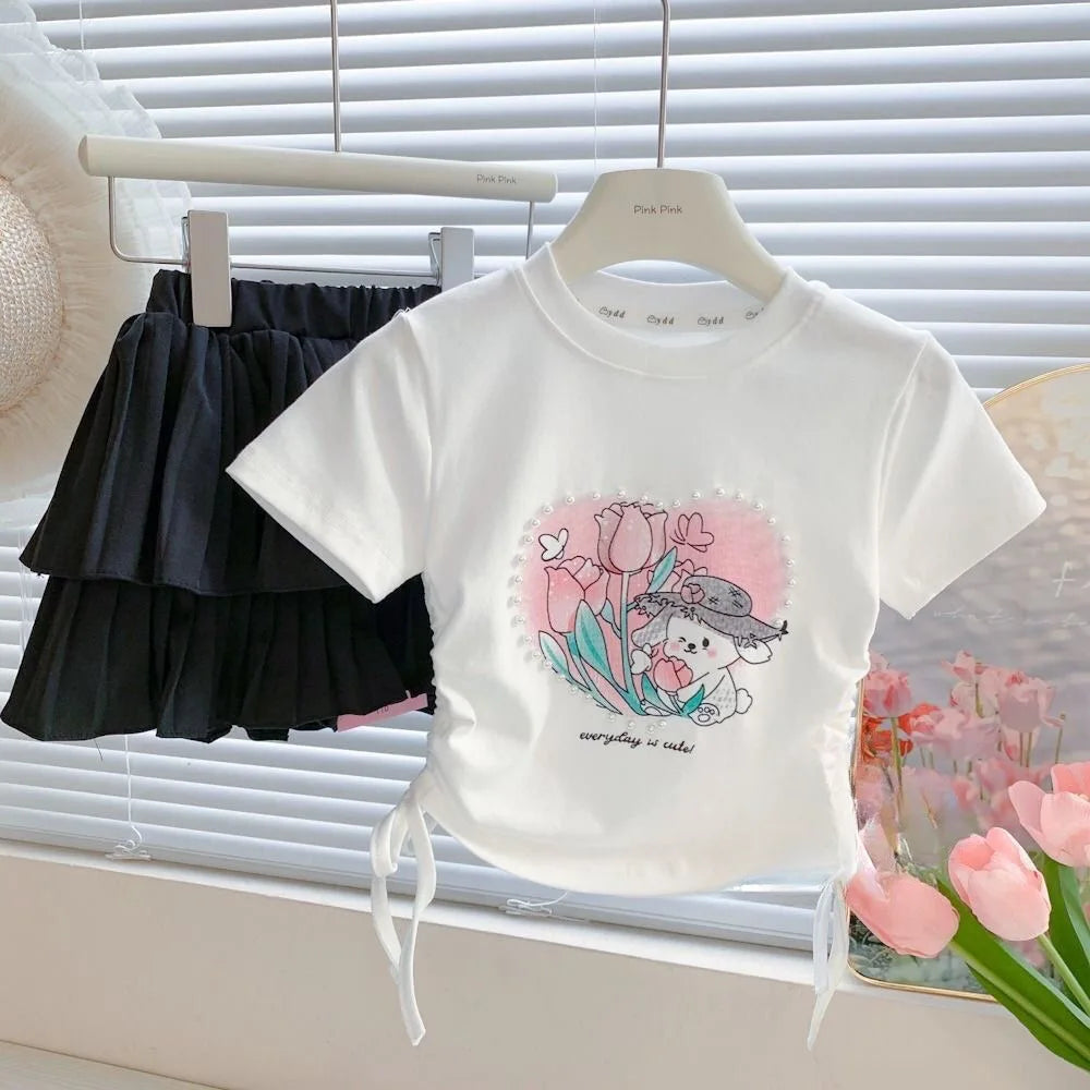 Summer Short Sleeved T-shirt Girls Fashionable Drawstring Top 3-8 Years Old Girl Pearl Love Sweet Cartoon Print Pullover