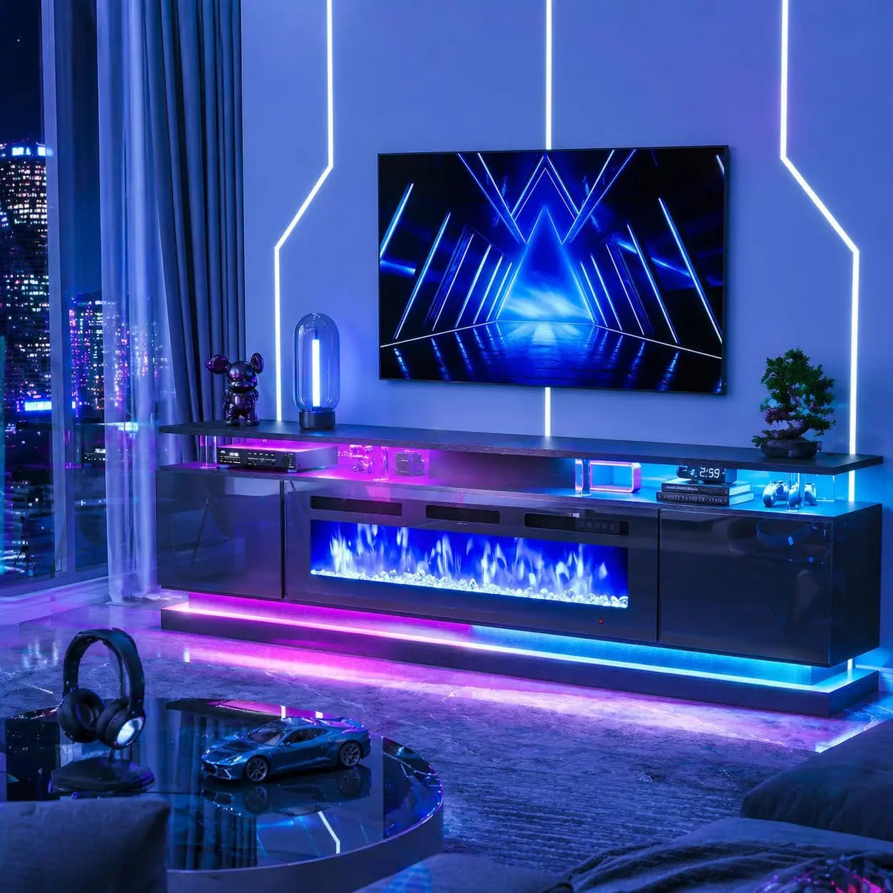 70 inch Modern TV Stand with Electric Fireplace for TVs up to 80 inches White Living Room Media Console Entertainment Center