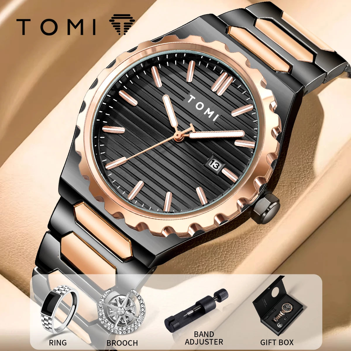TOMI New 4PCS Luxury Men Watch Gift Set High Quality Steel Strip Striped Dial Calendar Men Quartz Watch Clock Gifts Reloj