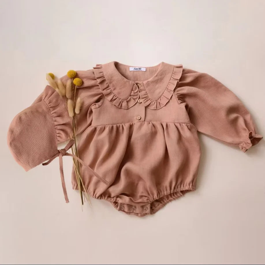 2Pcs Spring Baby Girls Playsuit With Hat Long Sleeves Newborn Romper Cotton Linen Fabric Infant Clothes