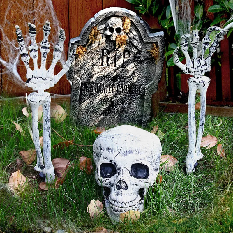 Halloween Skull Skeleton Head Realistic Human Hand Arms for Halloween Party Home Garden Lawn Decor Haunted House Horror Props